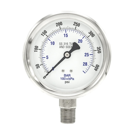 Pic Gauges 4 in Dial, 1/2 in NPT Male Lower Location, Stainless Steel Case Material PRO-301D-402I-01